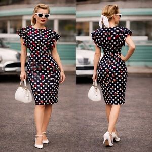 VTG Cherry Polka Dot Dress Retro 50s Pinup Wiggle Black White Red Flutter Sleeve